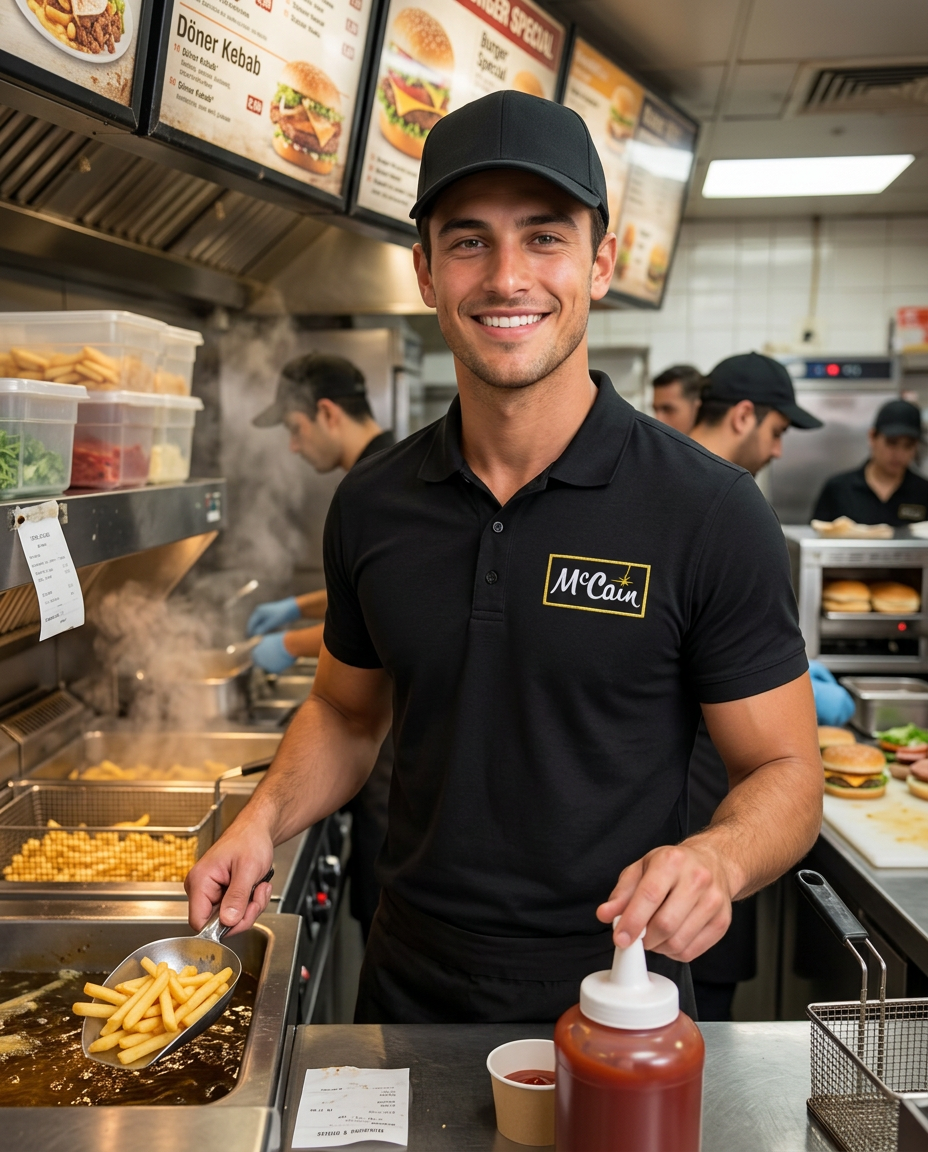 Model draagt caoswear bedrijfskleding — McCain