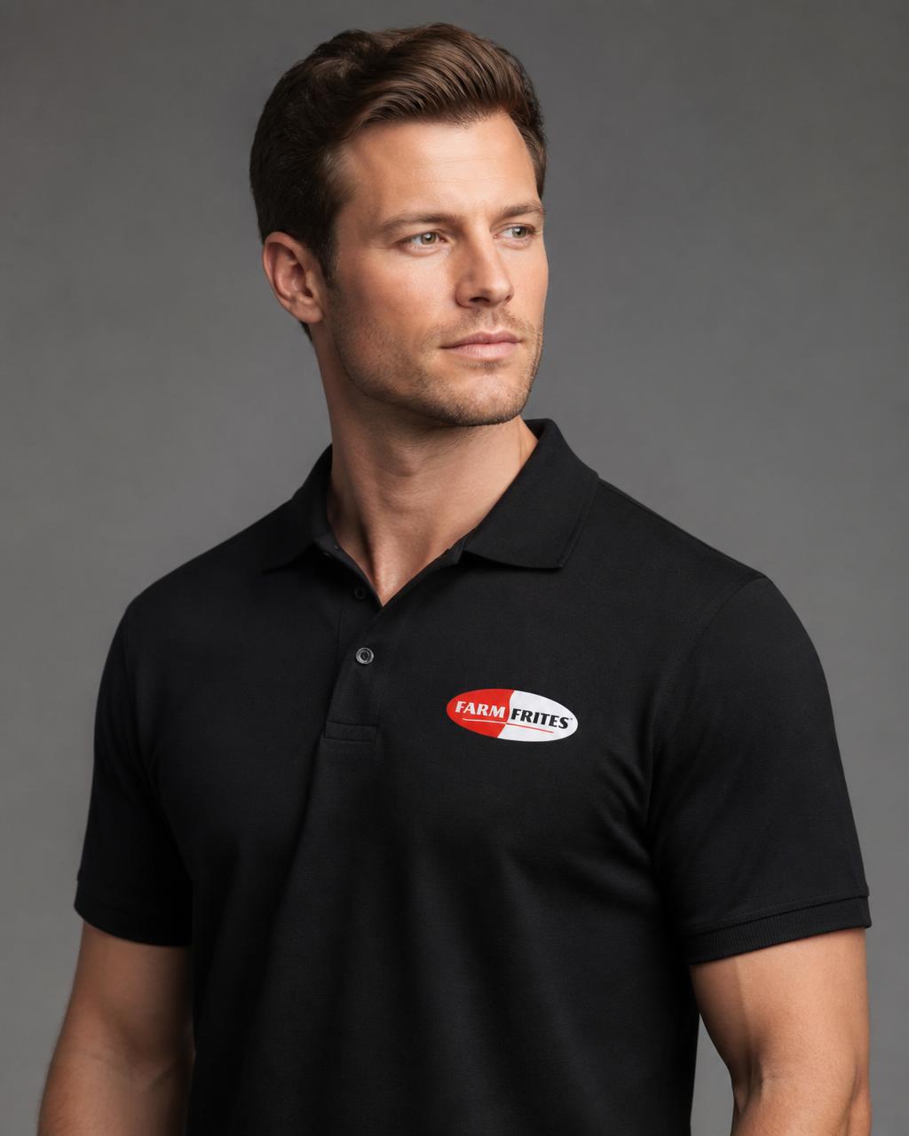 Model draagt caoswear bedrijfskleding — Farm Frites